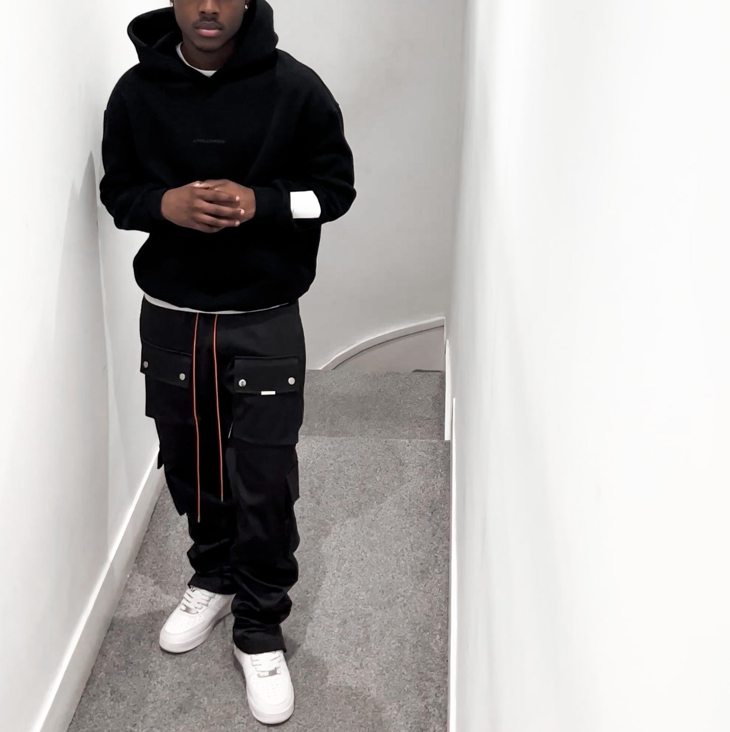 Black Straight Leg Cargo Pants - Snap Popper Hem