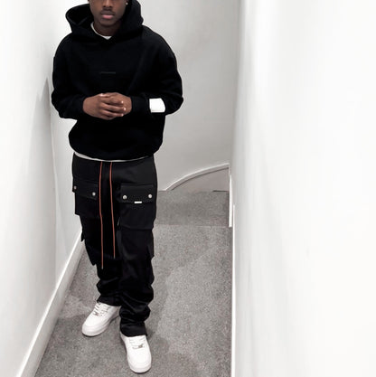 Black Straight Leg Cargo Pants - Snap Popper Hem