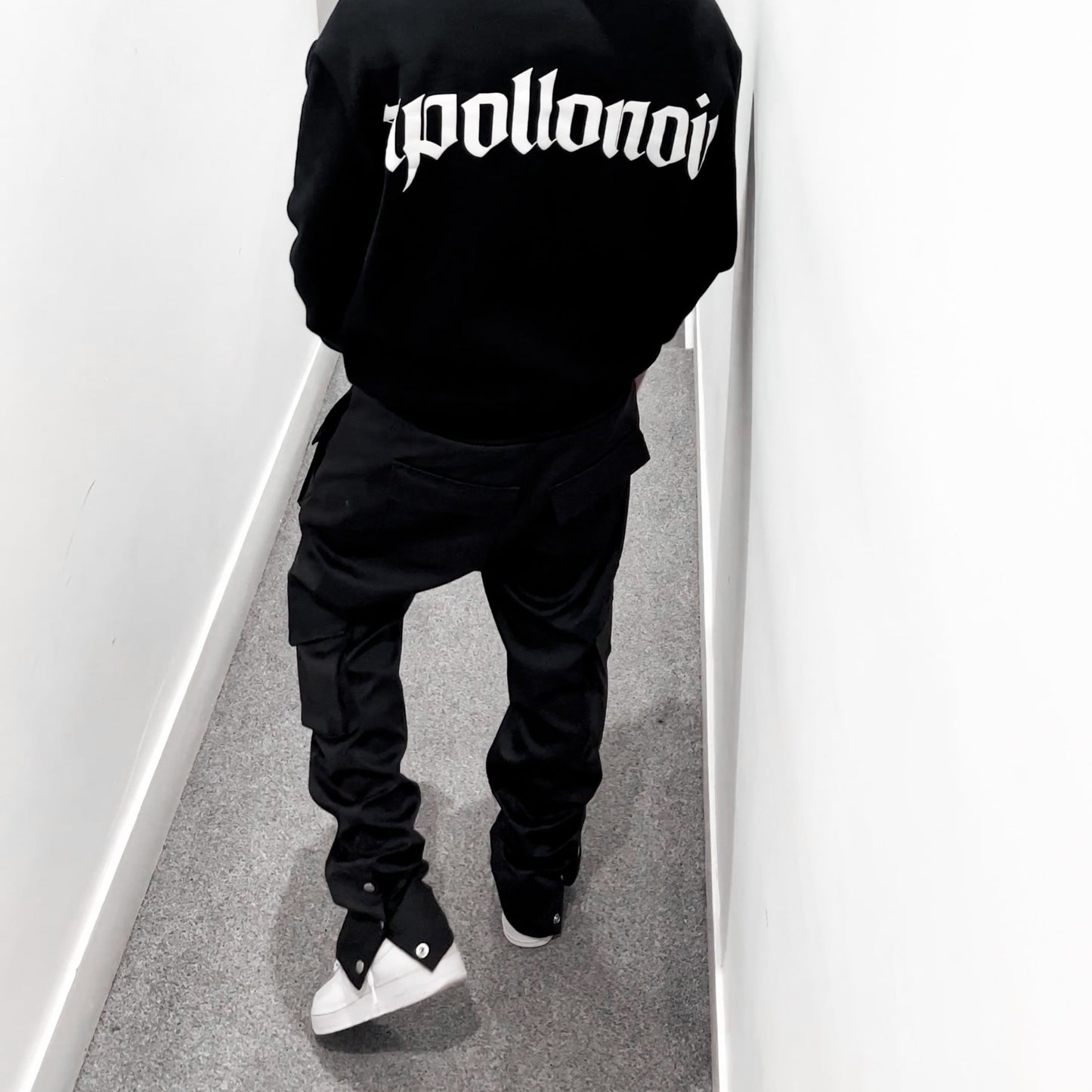 Black Straight Leg Cargo Pants - Snap Popper Hem