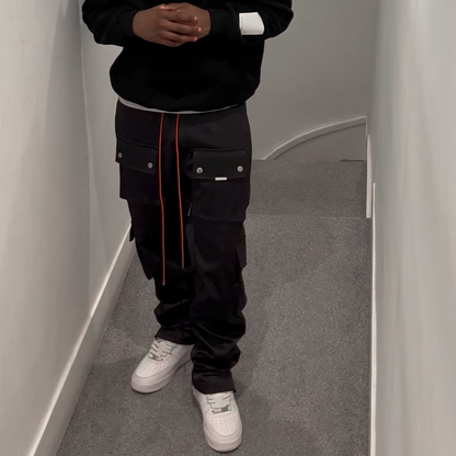 Black Straight Leg Cargo Pants - Snap Popper Hem